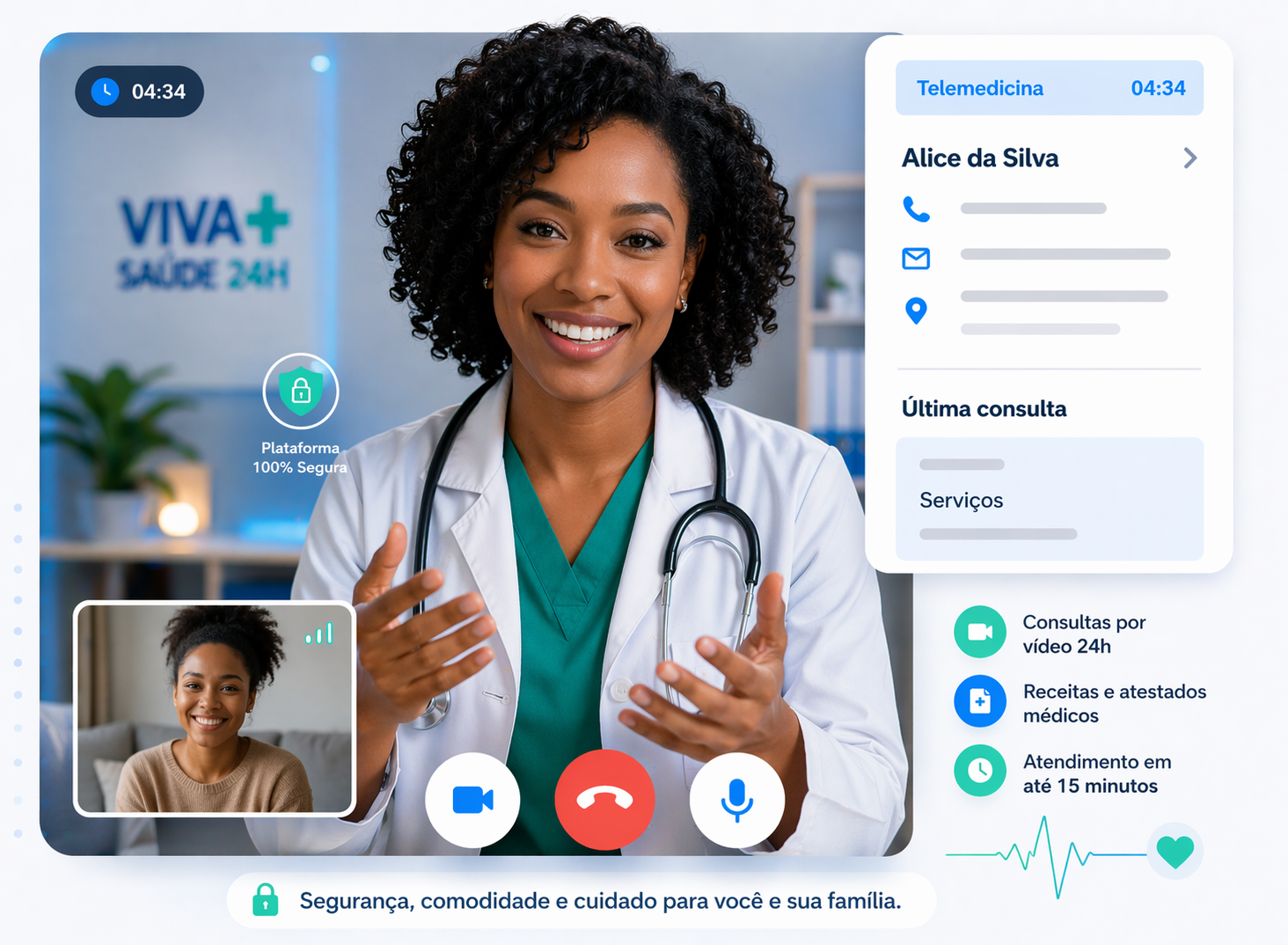 Médica realizando atendimento por videochamada em plataforma de telemedicina